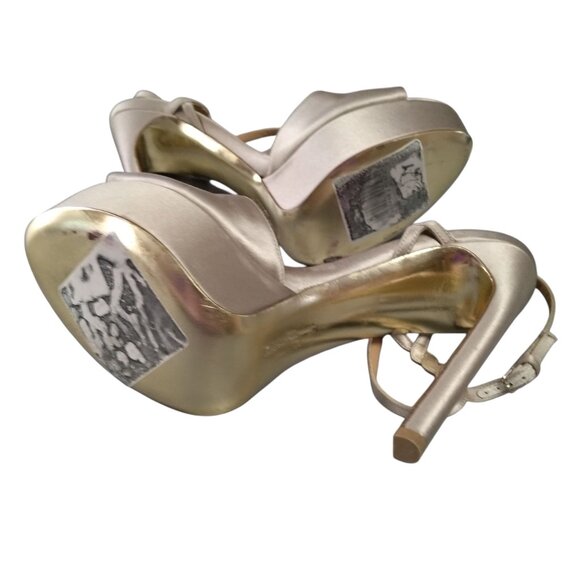 Salvatore Ferragamo Size 9M Gold Satin Ankle Strap Platform Sandals Stilettos - Picture 10 of 11
